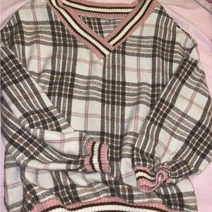 Plaid V-Neck Sweater - Pink and Brown